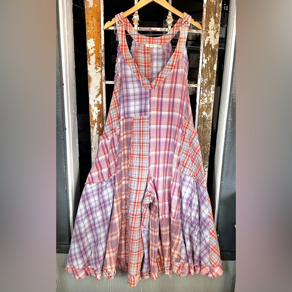 Oli & Hali Mixed Plaid Wide Leg Jumpsuit Large Raw Edge Cotton Boho - Picture 3 of 9